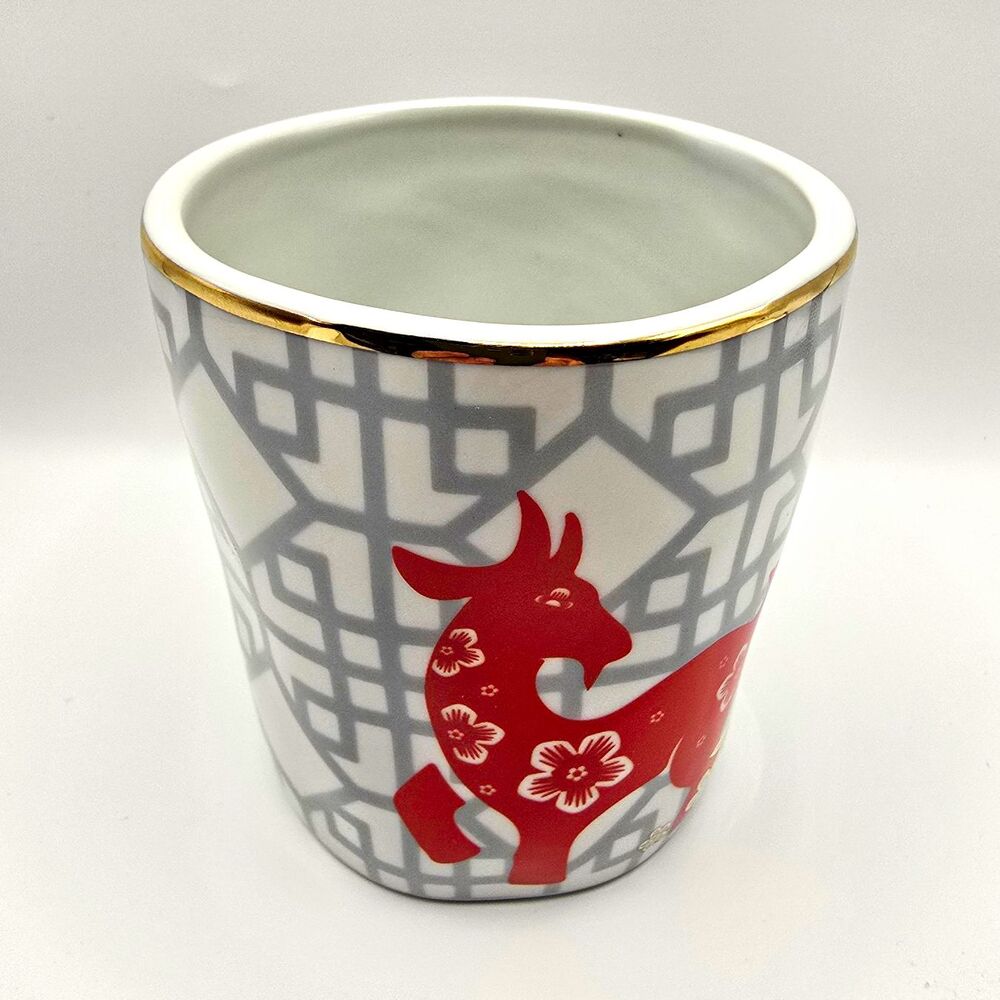 World Market Red Goat Deer Chinese New Year Ceramic Mug 3.5 Inch Gold Rim